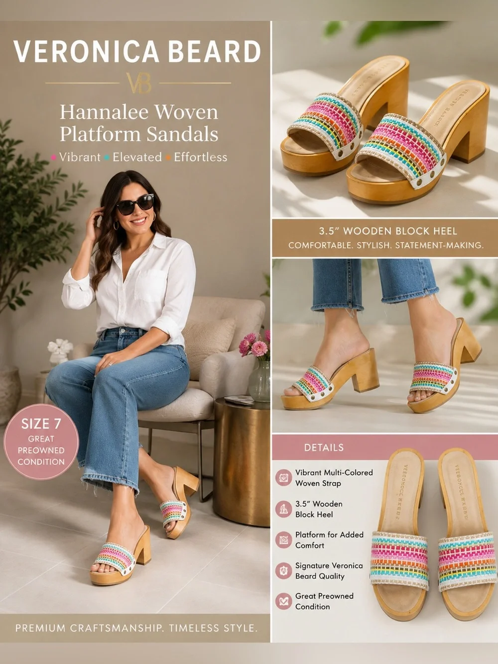 Veronica Beard Hannalee Woven Platform Sandals Multicolor Wood Heel Size 7